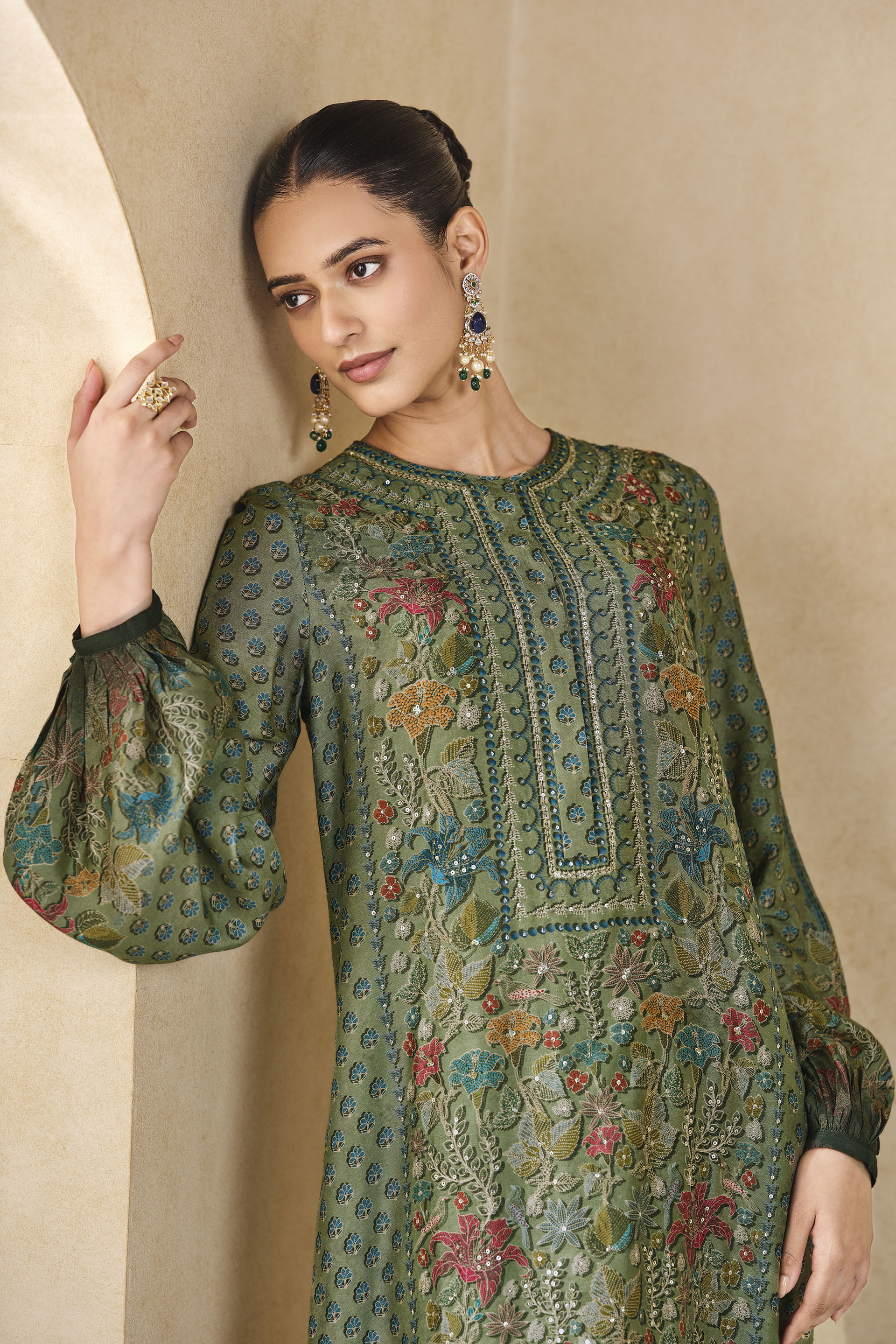 Eman Printed Silk Kaftan - Sage, Sage, image 5